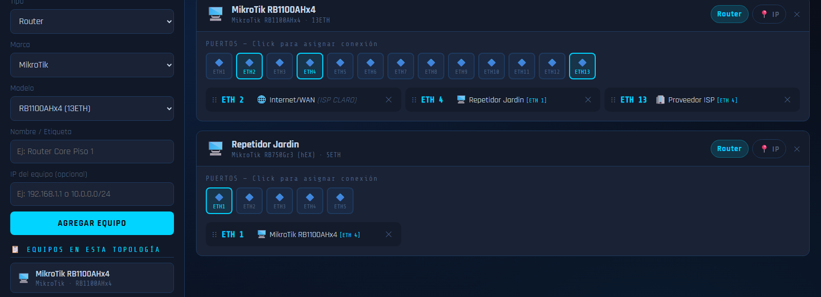 Lista de equipos en NetPlanner